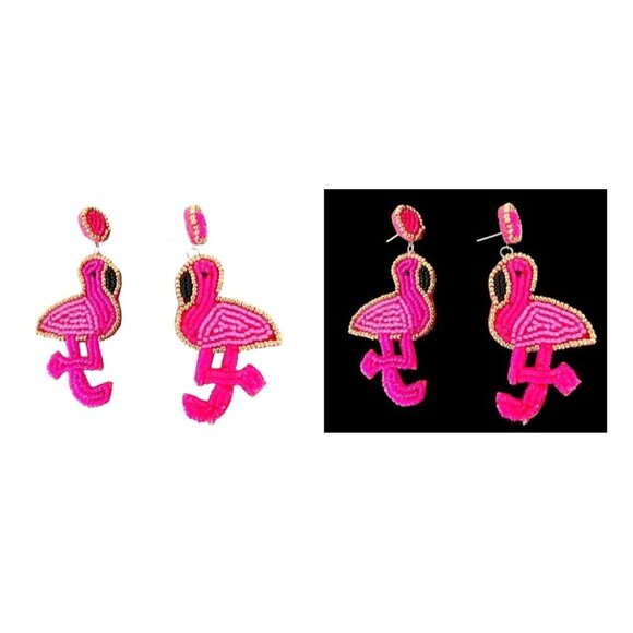 Flamingo Earrings Beaded Dangle Post New Pink Statement Jewelry Caribbe… - Picture 10 of 12